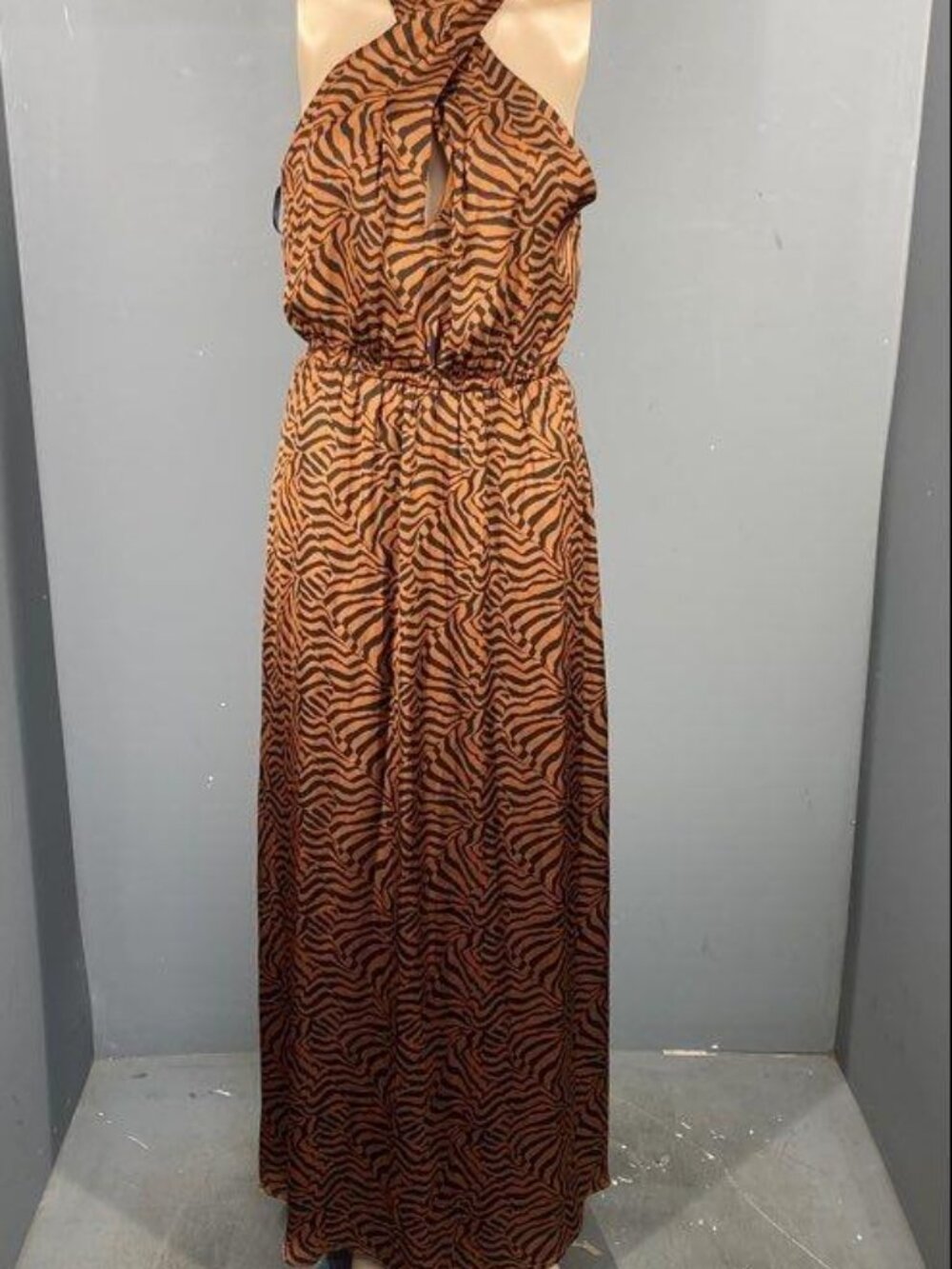 Anne Klein Chestnut Black Tiger Stripe Pleated Halter Midi Dress Size 6 NWT